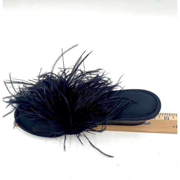 Vintage Madye's Fru-Fru Fancy Wedge Heel Black Slippers w Feathery Detail L 8-9 - Picture 11 of 12